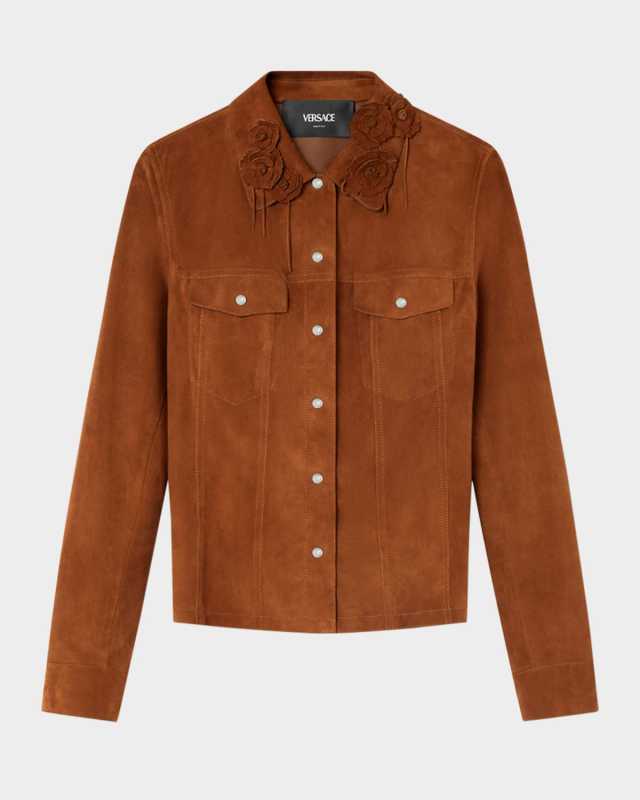 Goatskin Suede Floral Applique Jacket